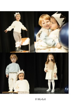 Collage of expressive children in soft pastel outfits under stage lighting — playful studio kids fashion editorial. 